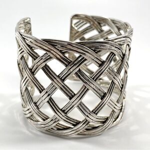 Beautiful Vintage Unsigned Alpaca Silver Basket Weave Wide Cuff Bracelet